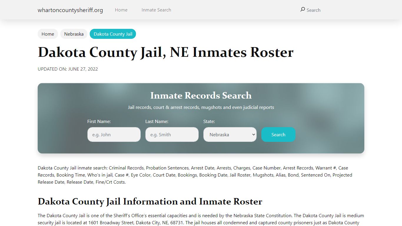 Dakota County Jail, NE Jail Roster, Name Search